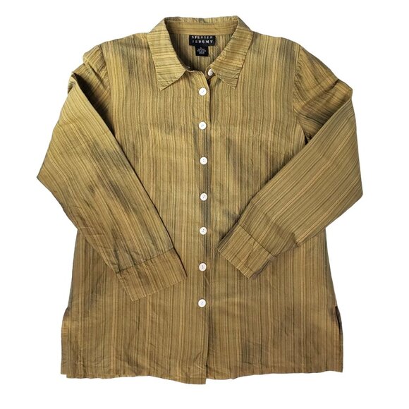 VTG Y2K Spenser Jeremy Silk Striped Button Up Tunic Top Womens L Olive Green - Picture 6 of 11